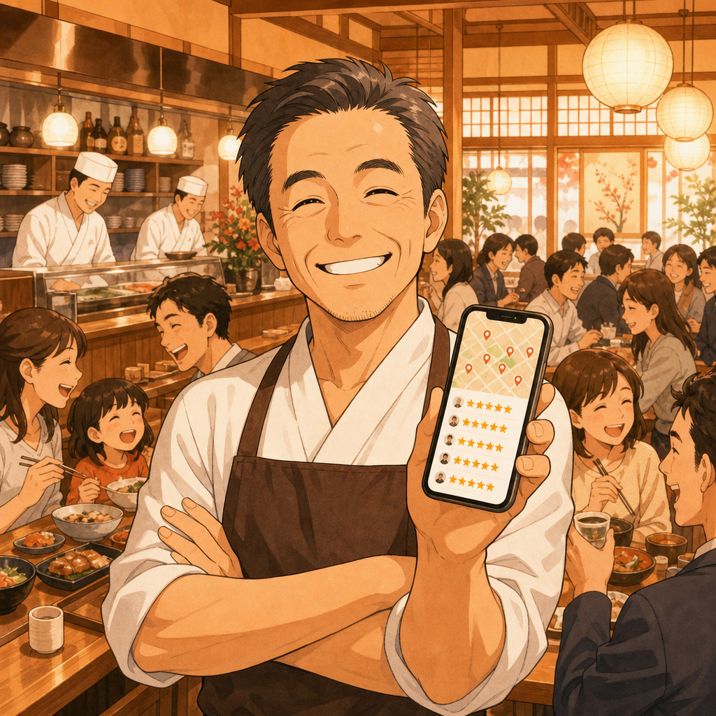 繁盛した店舗と笑顔のオーナー